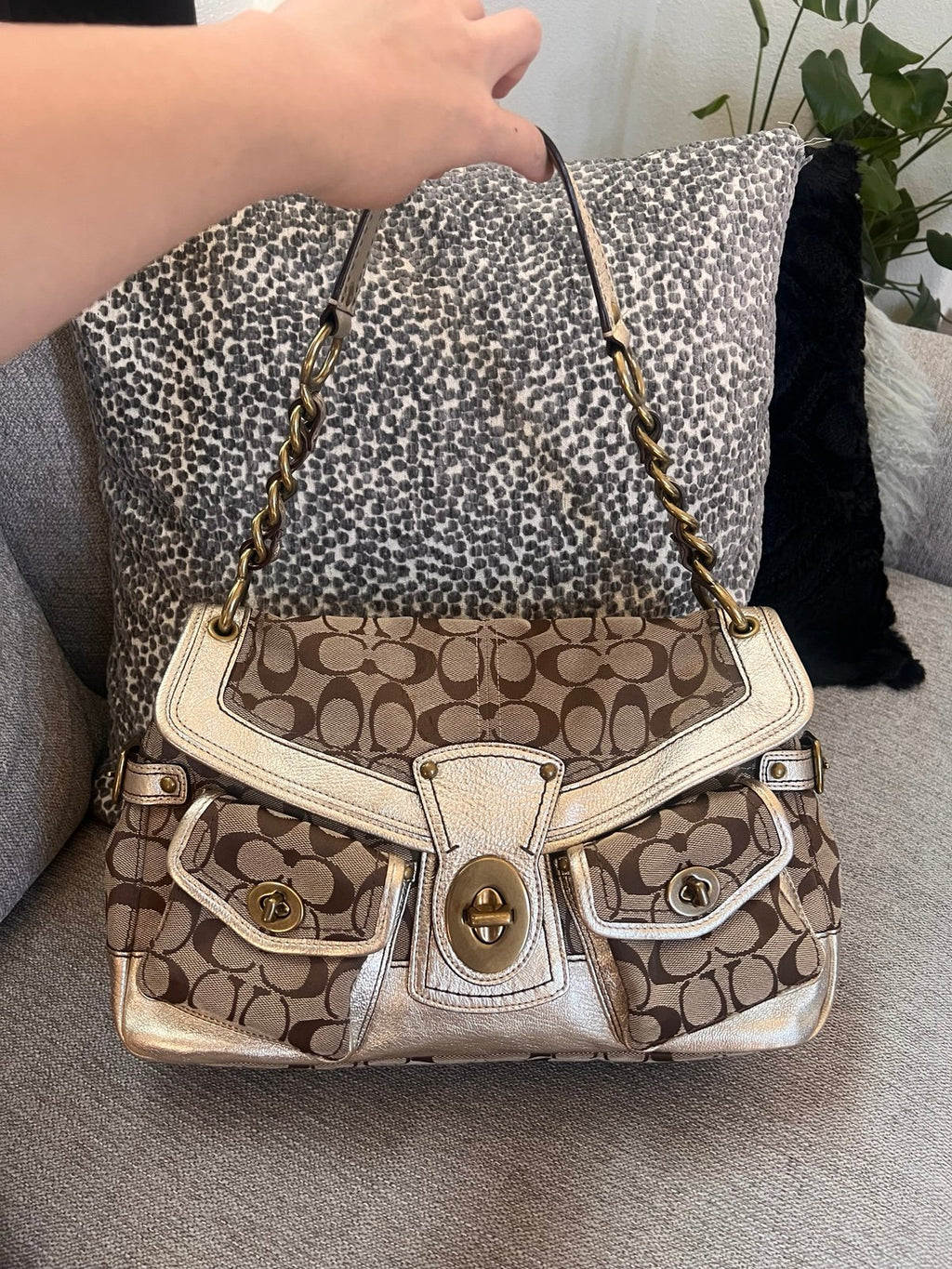 Coach Legacy Leigh 11141 Vintage Khaki Signature Gold Leather Shoulder Bag